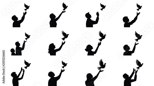 People with doves silhouettes, symbol of peace and freedom, hope and spirituality concept.