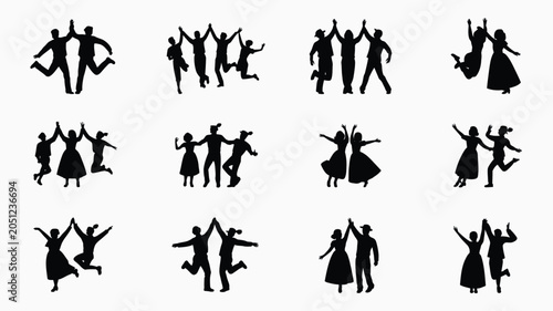 People silhouettes, group of happy men and women dancing, jumping, and celebrating together.