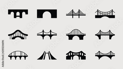 Bridge silhouettes, collection of various modern and classic architecture designs, infrastructure.