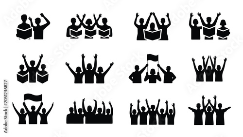 People celebrating victory with raised hands and flags symbol vector illustration.