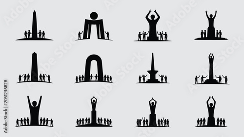 People standing around monument symbol isolated on white background vector illustration.