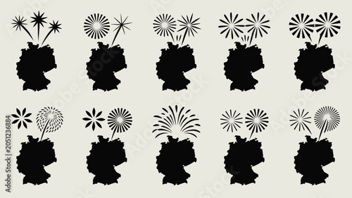 Set of ten vector silhouettes depicting Germany map outline with diverse festive fireworks.