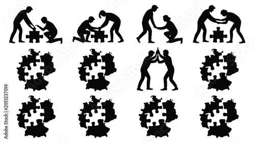 Cooperation and teamwork silhouettes with puzzle pieces and germany map shapes for unity.