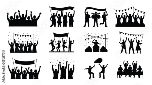 Crowd celebration silhouettes with banners flags and confetti for festival and party fun.