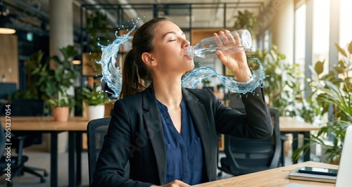 Businesswoman drinking water from a bottle at her office desk with a fresh water splash graphic overlay.