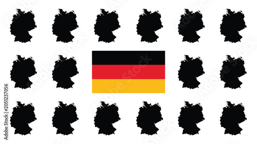 German flag and map silhouettes collection symbolizing national identity and heritage theme.