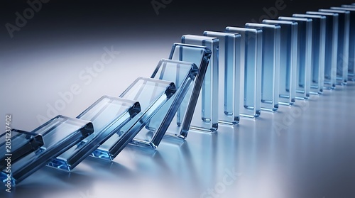Chain reaction of falling transparent glass dominos on a reflective surface representing business risk cascading failure and strategic consequences