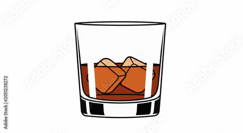 A simplistic, cartoon-like illustration of a glass of amber liquid with ice cubes