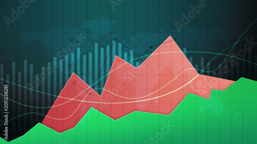 Canvas Print Financial Market Chart: A dynamic visual representation of stock market fluctuations, showcasing a fluctuating red line graph against a backdrop of green and blue bar charts and grid lines