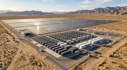 Aerial view of modern renewable energy hub with solar panels and batteries in desert landscape