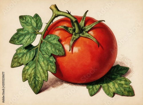 Vintage botanical illustration shows ripe red tomato on stem with green leaves. Detailed artwork natural food item isolated on light background. Perfect for recipes culinary gardening guides.