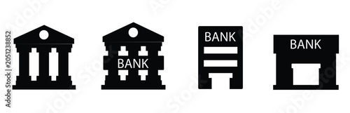 Foto Black bank building icons set, financial institution silhouettes, 4 vector bank