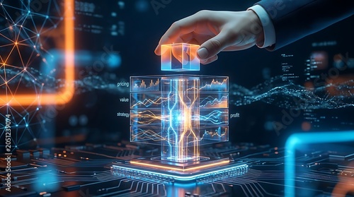 Fototapeta kuchenna Hand placing glowing data cube on futuristic glass block with business charts representing pricing value strategy and profit on electronic circuit board