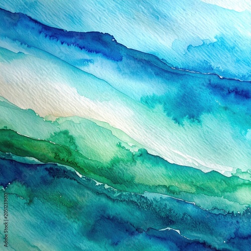 Abstract watercolor background with flowing blue and green layers, soft wash texture for print design, aquatic ocean waves, serene nature backdrop