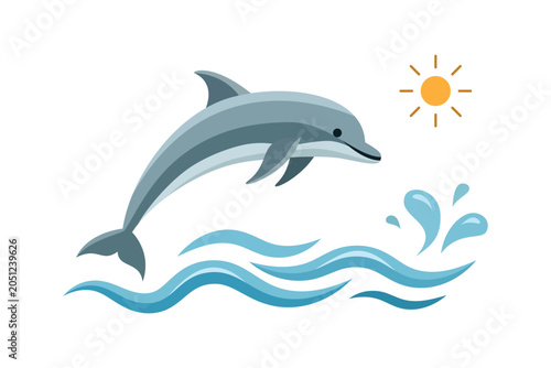 Tableau sur toile Dolphin jumping out of ocean water vector illustration with sea waves and sun