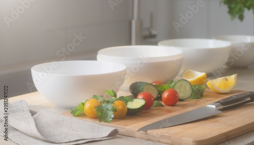 Fresh Ingredients and White Bowls on Wooden Cutting Board in Bright Kitchen Setting with Soft Natural Light