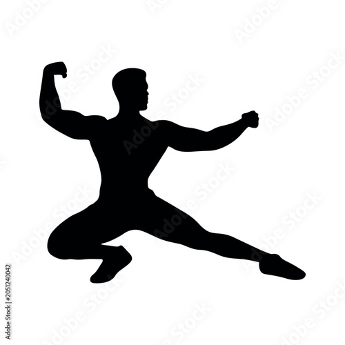 Bodybuilder silhouette posing on white background, muscular man flexing muscles vector, athletic male fitness model icon for gym branding