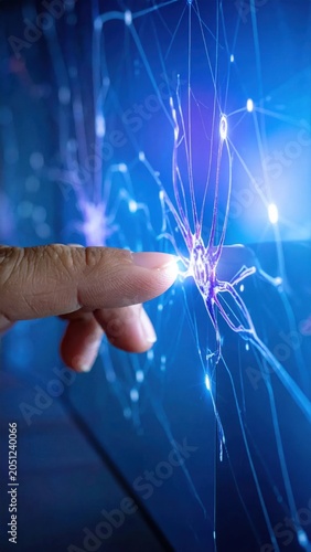 Human finger touching interactive digital display with glowing neural network, data connection, cyber intelligence, futuristic technology interface