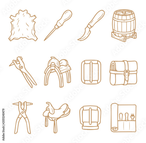 Φωτογραφία Set of twelve linear representing leatherworking tools and accessories including