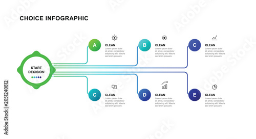 Schilderij op canvas Creative choice infographic layout starting path splits into five parallel decis