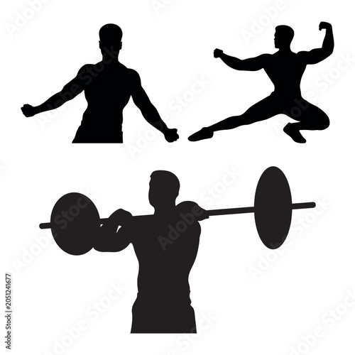 Bodybuilding silhouette set with muscular athletes, weightlifting man with barbell vector, fitness and gym workout poses for sports branding