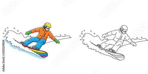 Foto Snowboarder vector illustration featuring full color and black and white line art versions