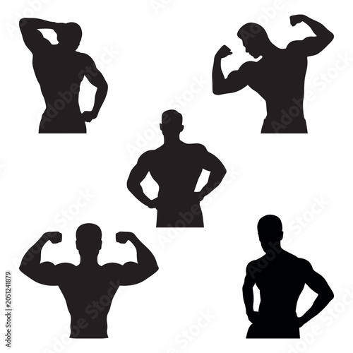Bodybuilder silhouette collection, set of 5 muscular male fitness icons, athletic man posing vector graphics for gym and bodybuilding branding