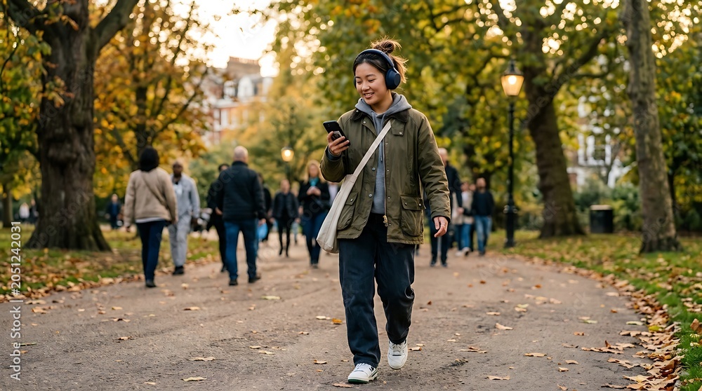 Fototapeta premium Young woman listening to podcast on phone while walking through autumn park