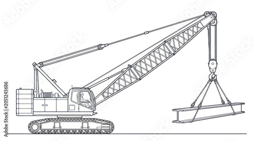 Konstfotografi Crawler Crane Lifting Steel Beam Vector Illustration