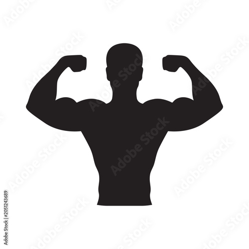 Muscular bodybuilder silhouette vector, strong male athlete flexing biceps, fitness gym logo icon isolated on white background