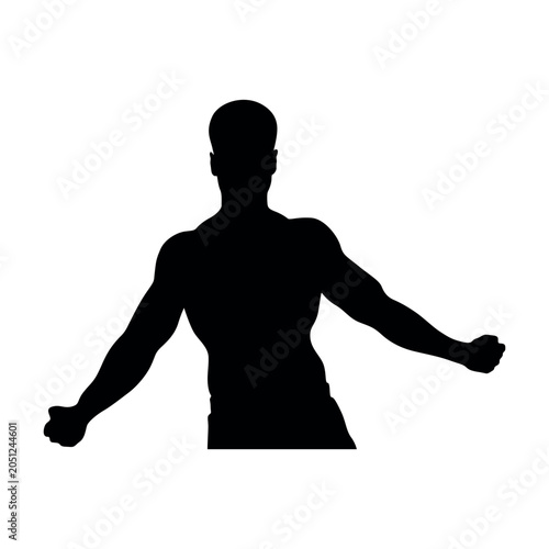 Athletic man silhouette with muscular physique, black male bodybuilder profile, fitness and strength concept vector illustration on white background