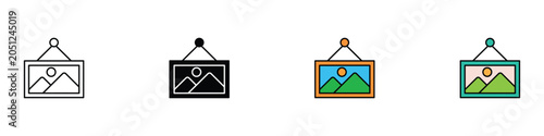 Hanging Picture Frame and Image Gallery Icons Set. Vector Illustration of Flat Outline and Filled Color Digital Photo, Landscape Artwork Wallpaper, Media File, and Technology Template.