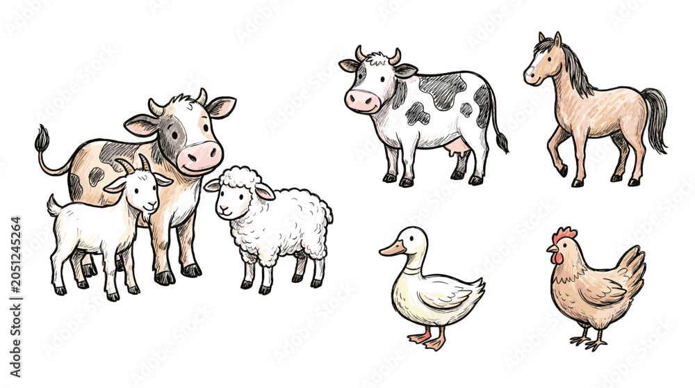 Fototapeta premium Hand drawn farm animals set with cow goat sheep horse duck