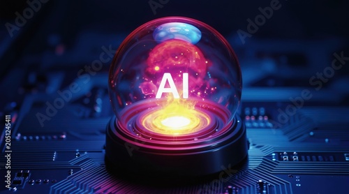 Glowing AI sphere floats on futuristic circuit board. Abstract digital orb with bright energy inside represents artificial intelligence and technology evolution. Future concept.