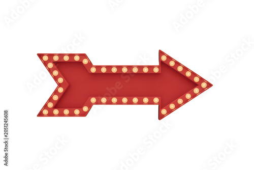 Red directional arrow sign with glowing light bulbs, vintage marquee style, isolated on a black background, for signage and, wayfinding concepts