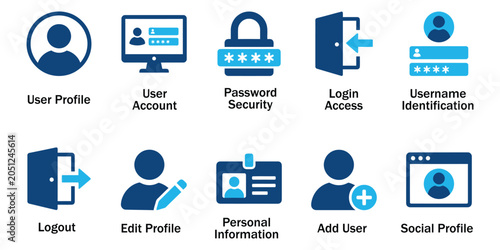 User profile solid icons and account login security glyph elements. Vector illustration of flat blue corporate personal identity logout password add member representing register website template.