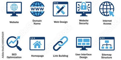 SEO optimization solid icons and web structure glyph elements. Vector illustration of flat blue corporate website domain design security internet access link building interface template.