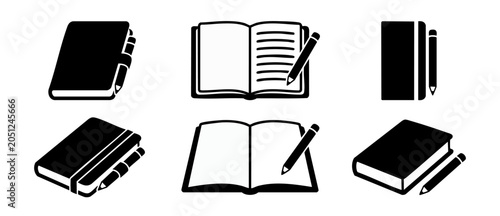 Quadro su tela Notebook icon set book journal with pen and pencil vector line art illustrations