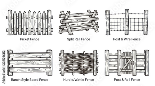 Photography Collection of Six Rustic Wooden Fence Styles - Picket, Split Rail, Post & Wire,