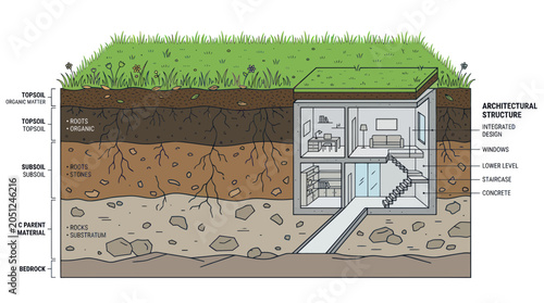 Schilderij op canvas Cross-section of underground house with green roof and soil layers, architectural illustration