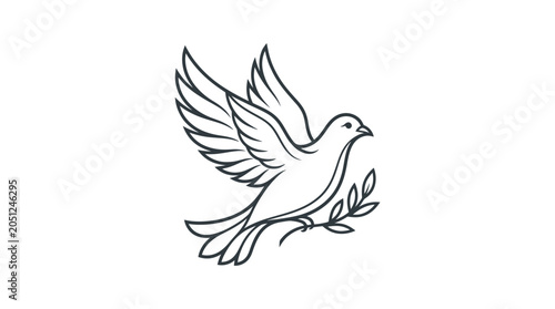 Dove flying with olive branch, symbol of peace, hope, freedom, illustration