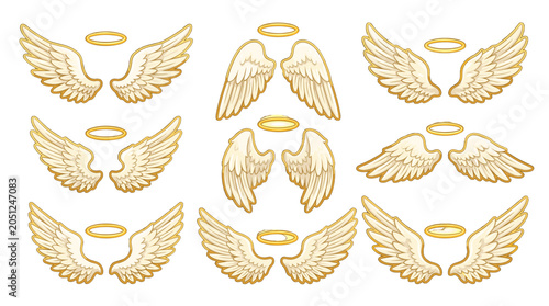 Set of angel wings with golden halos in cartoon vector style