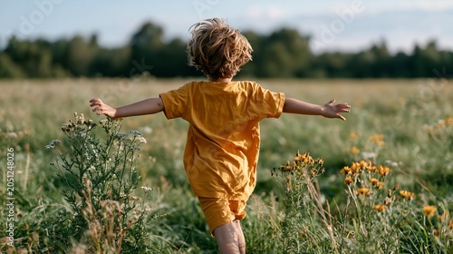 Child runs through golden field with arms wide open.