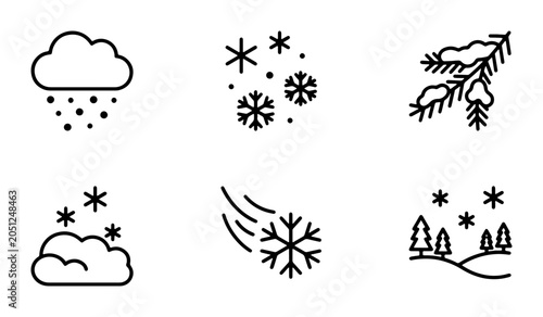 Obraz na płótnie Winter Weather Icons Set, Snowfall Cloud, Snowflakes, Pine Branch, Snowy Landsca