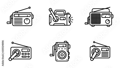 Bild auf Leinwand Emergency Crank Radio Icons, Hand-Crank Portable Radio Set, Weather Alert Receiv