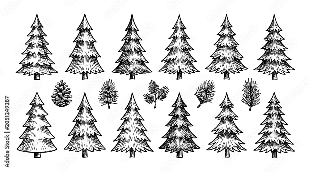 Obraz premium Hand drawn evergreen trees and pine branches sketch set