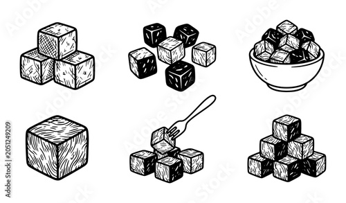 Fotografie Hand Drawn Sugar Cubes, Sweetener Blocks, Food Ingredients, Dessert Elements, Ve