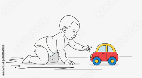 Baby crawling towards red toy car.