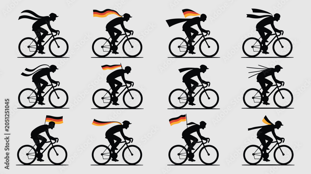 Obraz premium Cyclist silhouette set with german flag cape for sports events and bicycle race concepts.