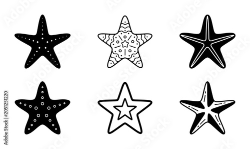 Six Hand-Drawn Starfish Vector Icons, Nautical Marine Life Illustrations, Ocean Sea Creatures Collection